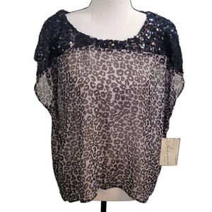 Metro Vintage Havana est. 1954 Sz M Gray Leopard Sequin Sheer Blouse New